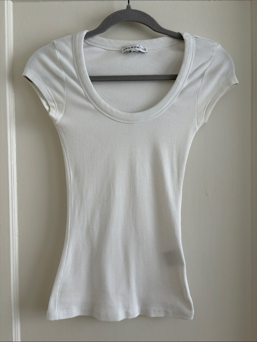 And Now This Ribbed Tight Fit Bodycon White Cotton Blend Cap Sleeve T-Shirt Top